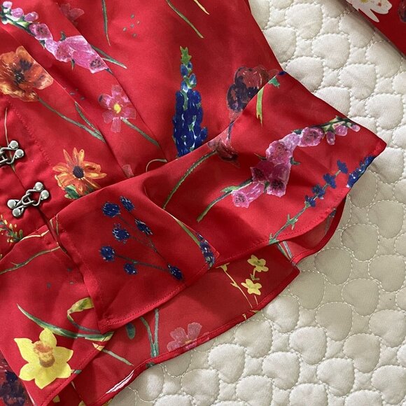 NWOT The Kooples Pleated Red Floral Cropped Top Blouse Size 1 Long Sleeve - Picture 5 of 12